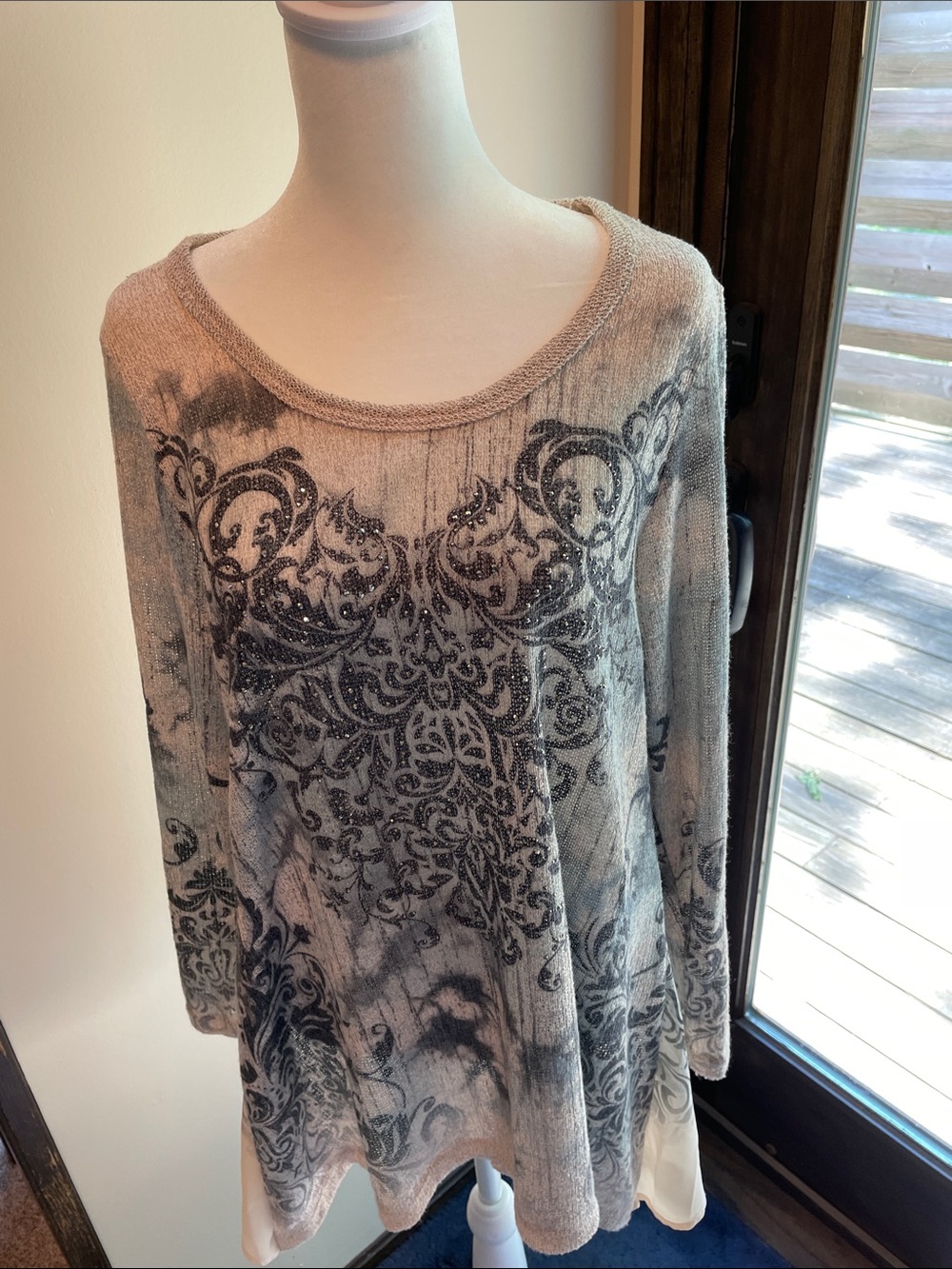Vocal Cream and Navy Printed Long Sleeve Scoop Neck Top